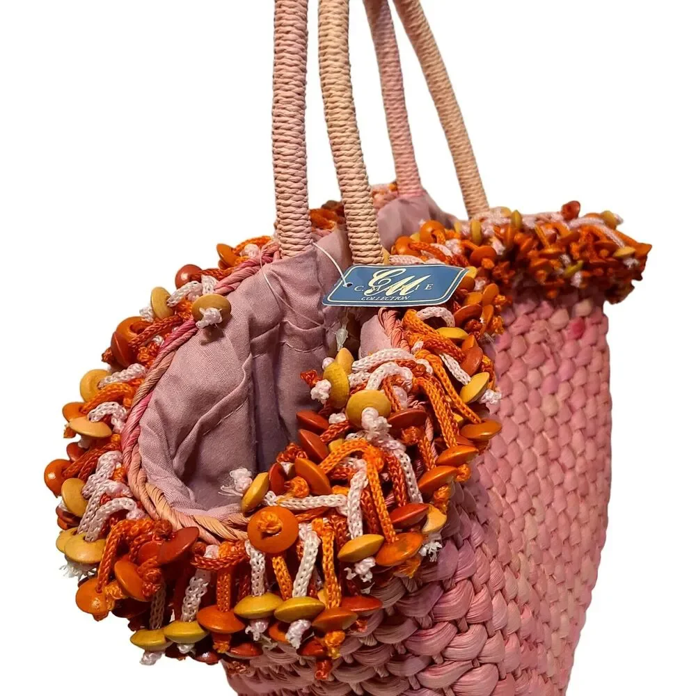 Pink Weaved Straw Hand Bag w/Orange/Tan Wood Beads Drawstring Closure NWT‎